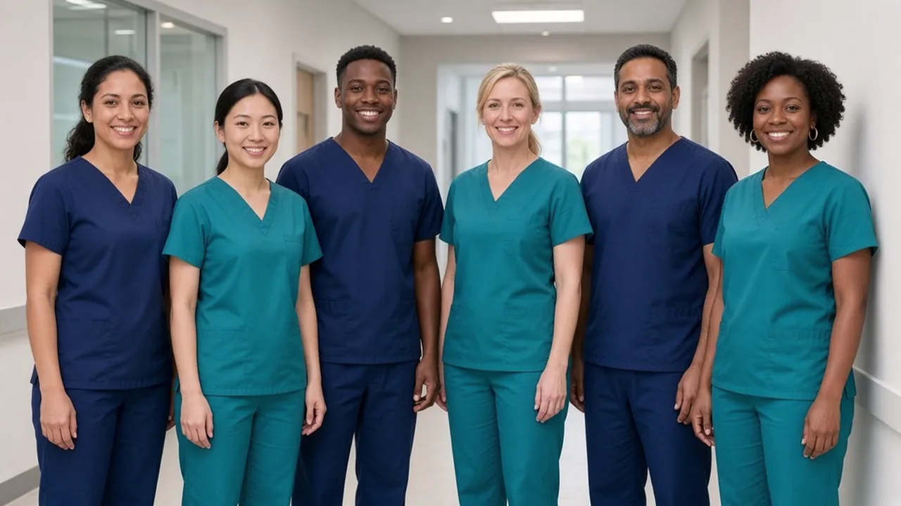 A diverse team of caregivers and nurse aides in navy and teal scrubs